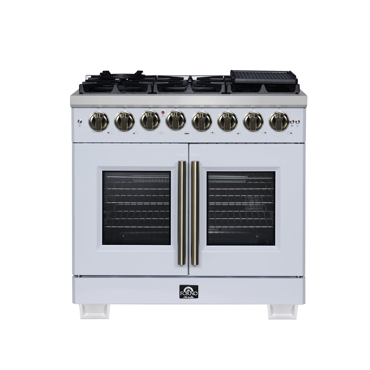 Forno Capriasca 36" French Door Dual Fuel Range in White with Antique Brass Accessories