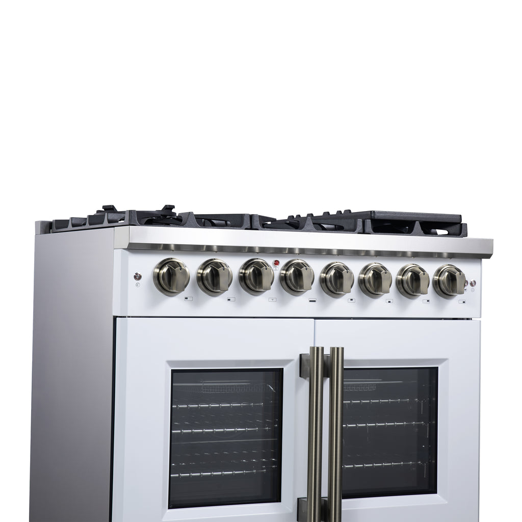 Forno Capriasca 36" French Door Dual Fuel Range in White with Antique Brass Accessories