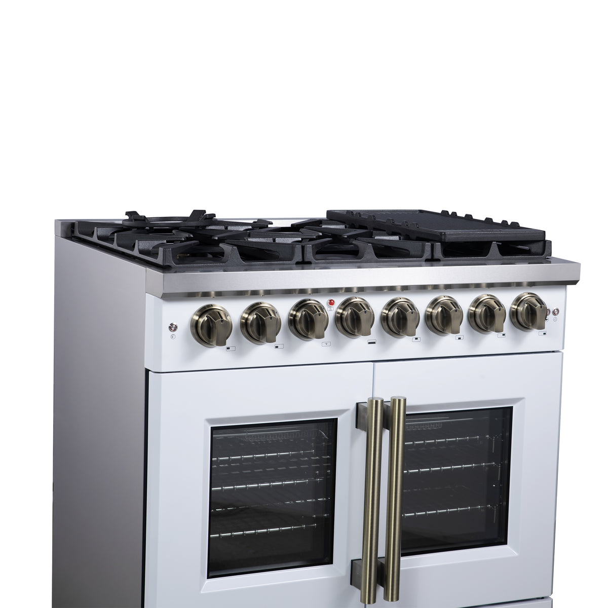 Forno Capriasca 36" French Door Dual Fuel Range in White with Antique Brass Accessories