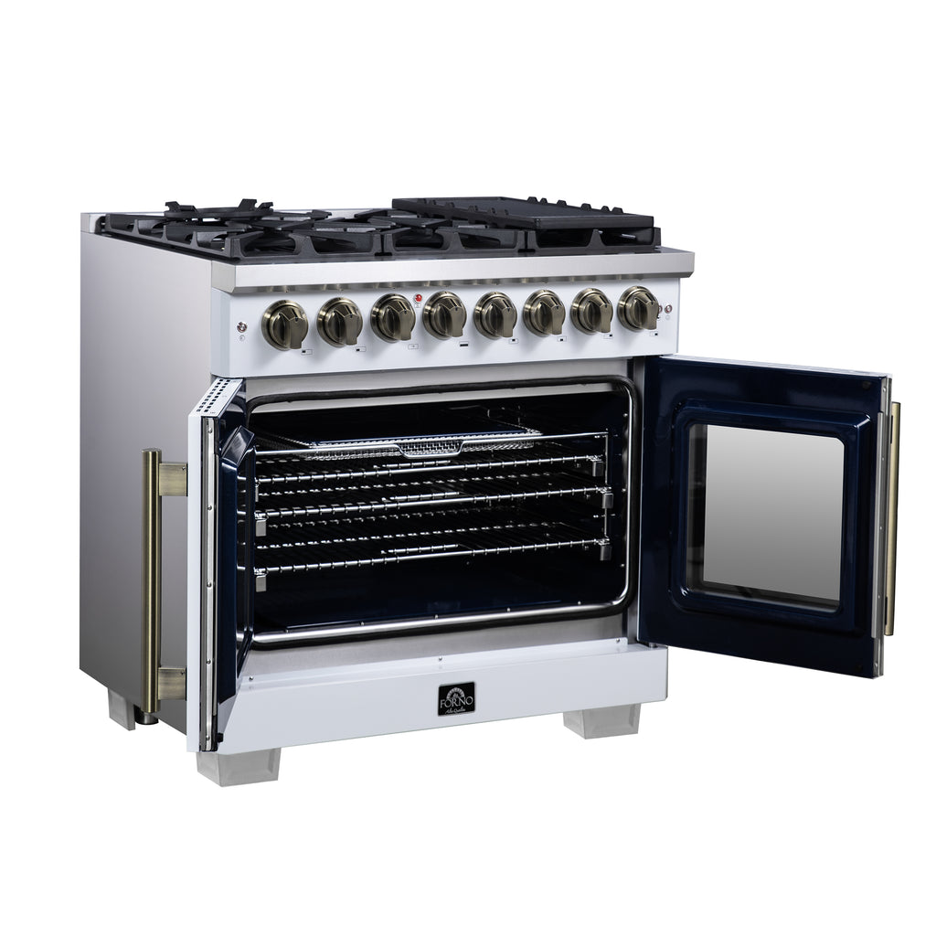Forno Capriasca 36" French Door Dual Fuel Range in White with Antique Brass Accessories