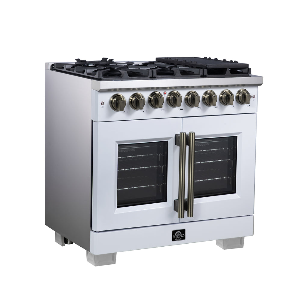 Forno Capriasca 36" French Door Dual Fuel Range in White with Antique Brass Accessories