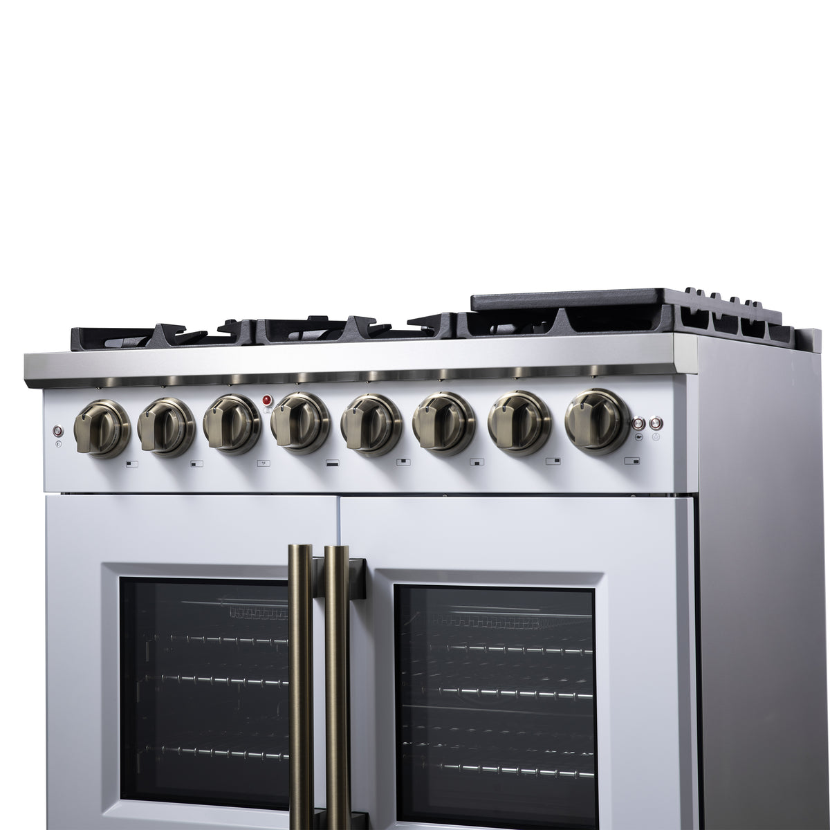 Forno Capriasca 36" French Door Dual Fuel Range in White with Antique Brass Accessories