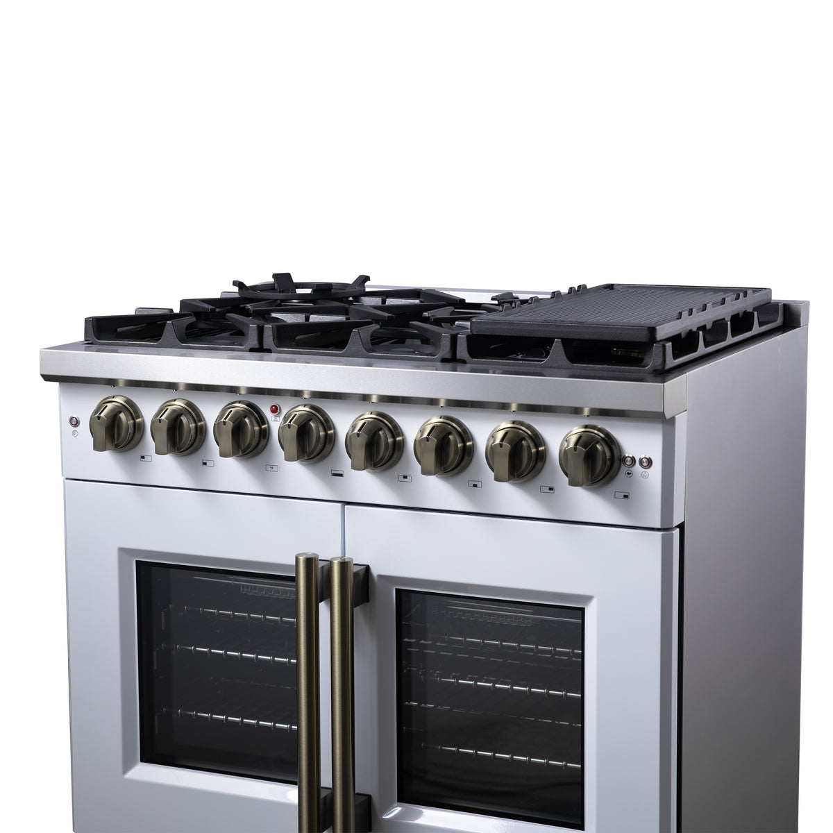 Forno Capriasca 36" French Door Dual Fuel Range in White with Antique Brass Accessories