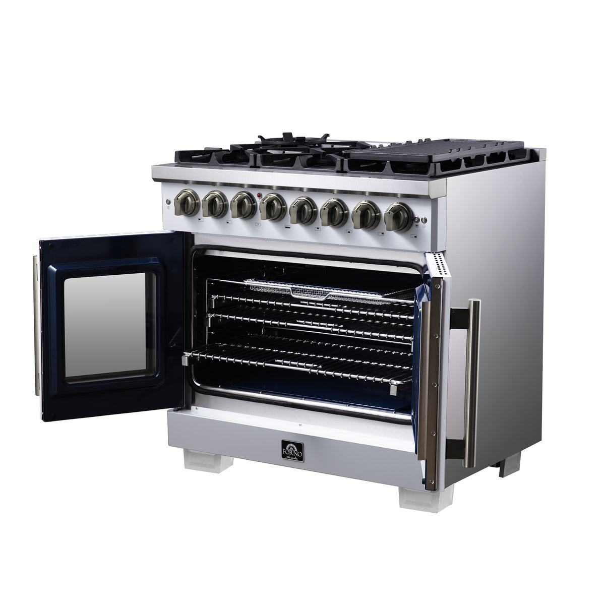 Forno Capriasca 36" French Door Dual Fuel Range in White with Antique Brass Accessories