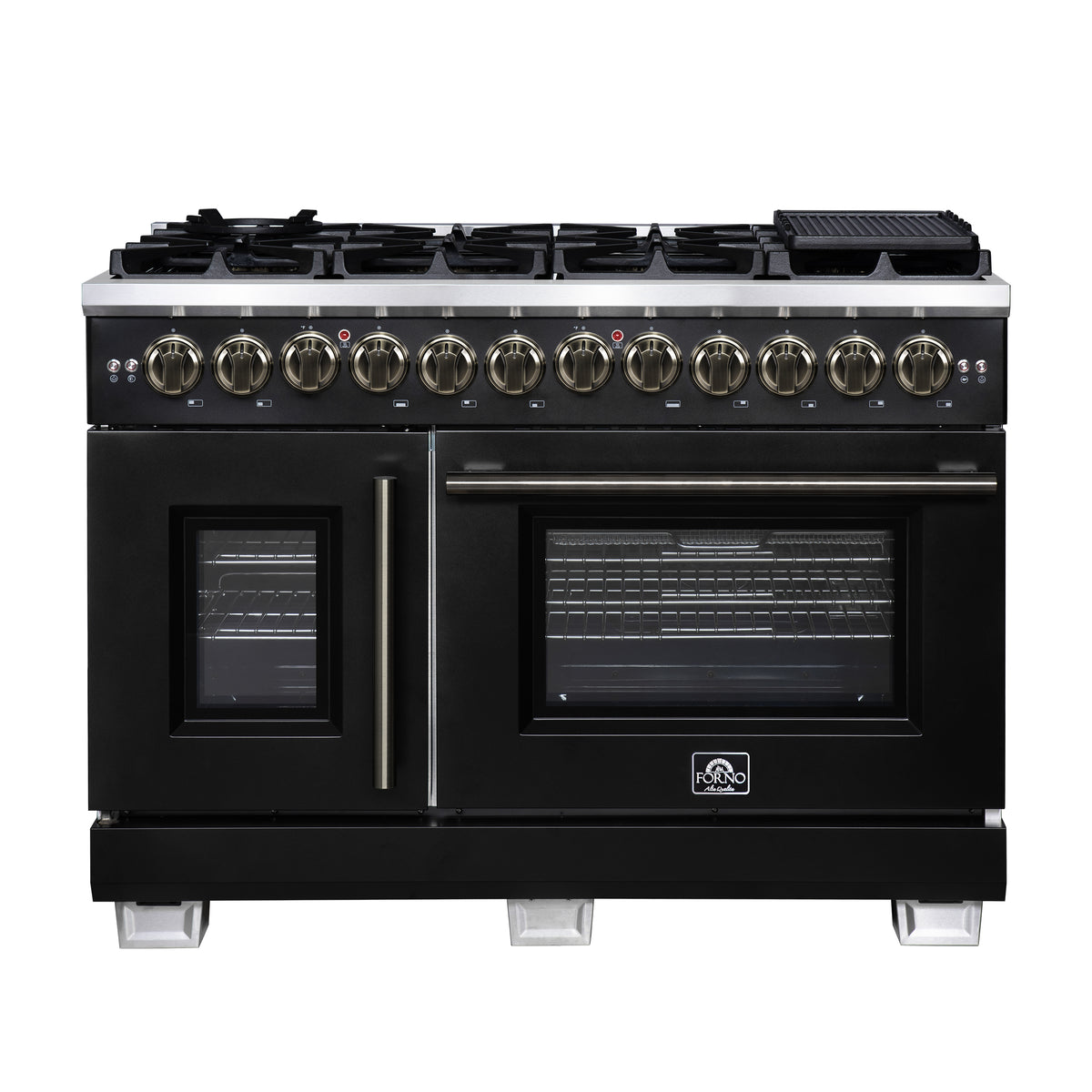Forno Capriasca 48" French Door Dual Fuel Range in Black with Antique Brass Accessories, 8 Brass Burners