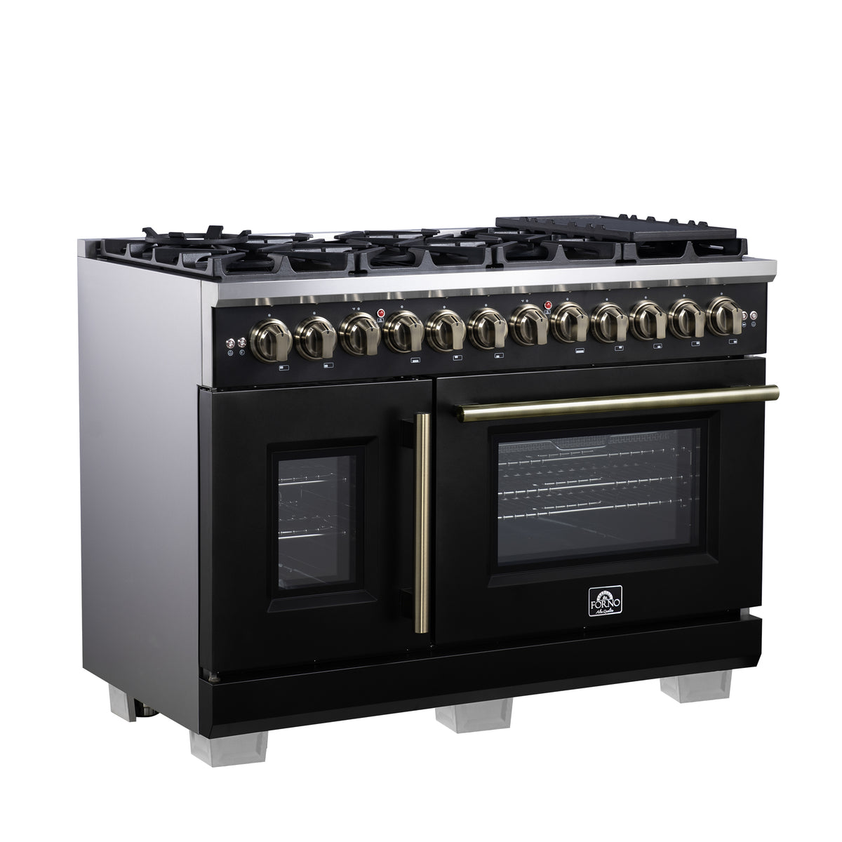 Forno Capriasca 48" French Door Dual Fuel Range in Black with Antique Brass Accessories, 8 Brass Burners