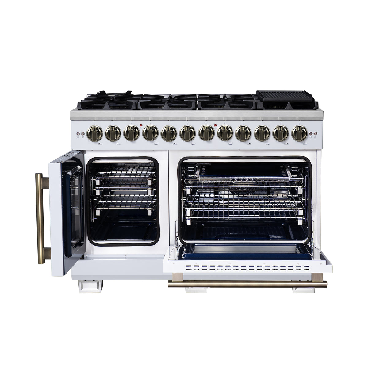 Forno Capriasca 48" French Door Dual Fuel Range in White with Antique Brass Accessories, 8 Brass Burners