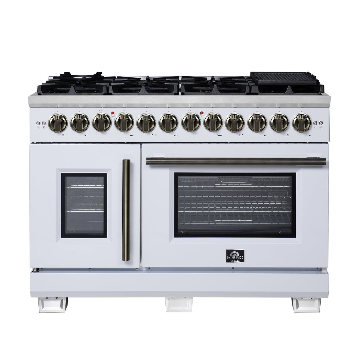 Forno Capriasca 48" French Door Dual Fuel Range in White with Antique Brass Accessories, 8 Brass Burners