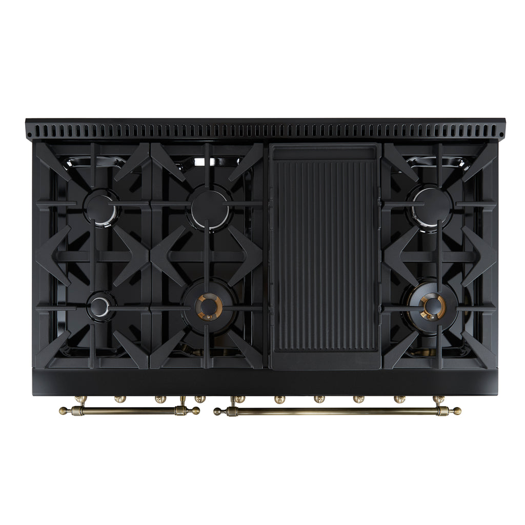 Forno Antico 48" Gas Range, Black with Antique Brass Finish, 8 Burners, 94,000 BTU