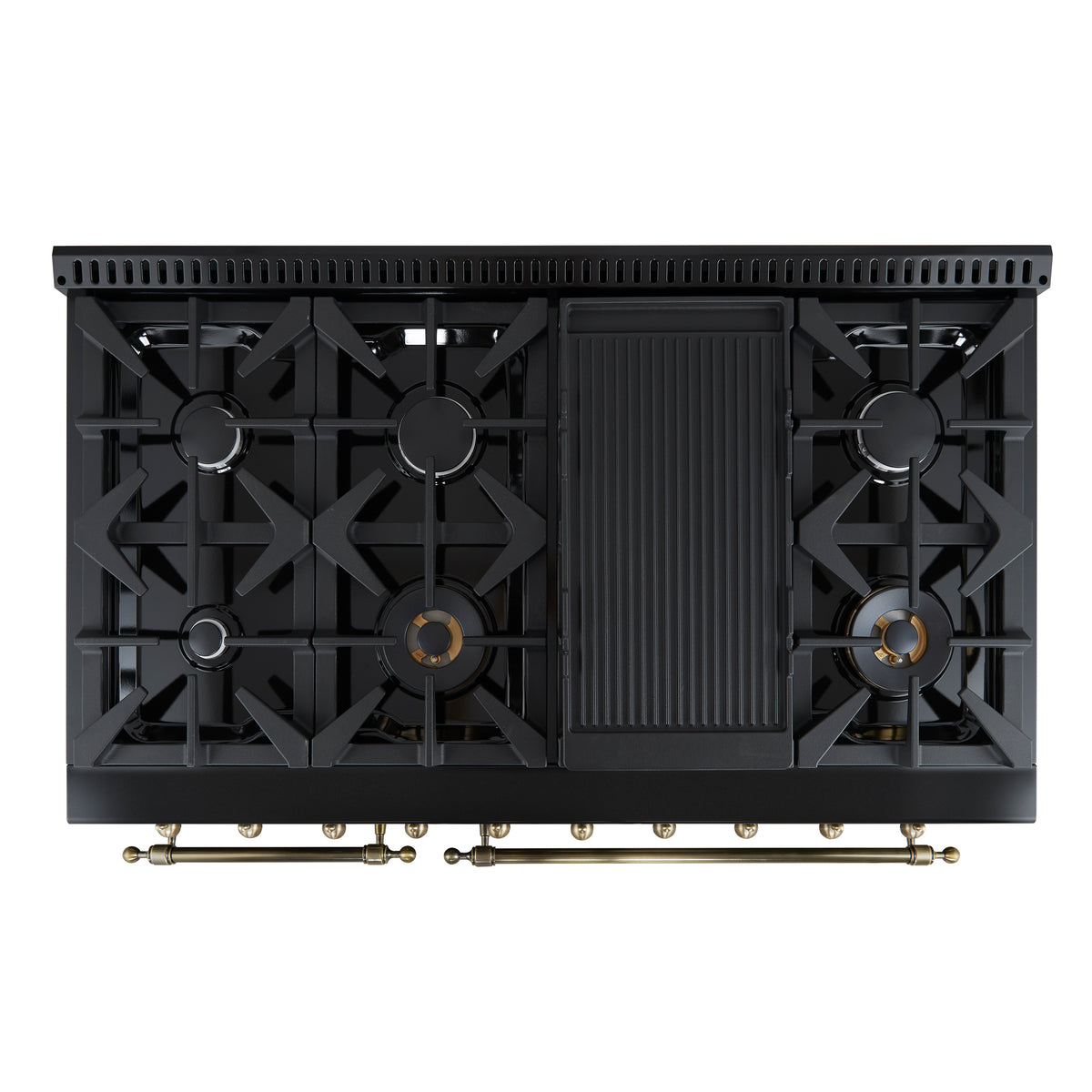 Forno Antico 48" Gas Range, Black with Antique Brass Finish, 8 Burners, 94,000 BTU