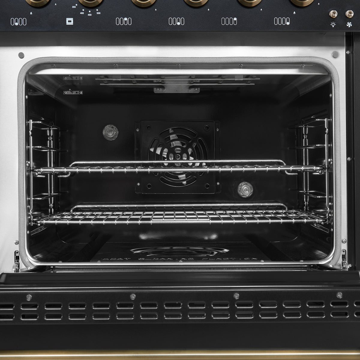 Forno Antico 48" Gas Range, Black with Antique Brass Finish, 8 Burners, 94,000 BTU