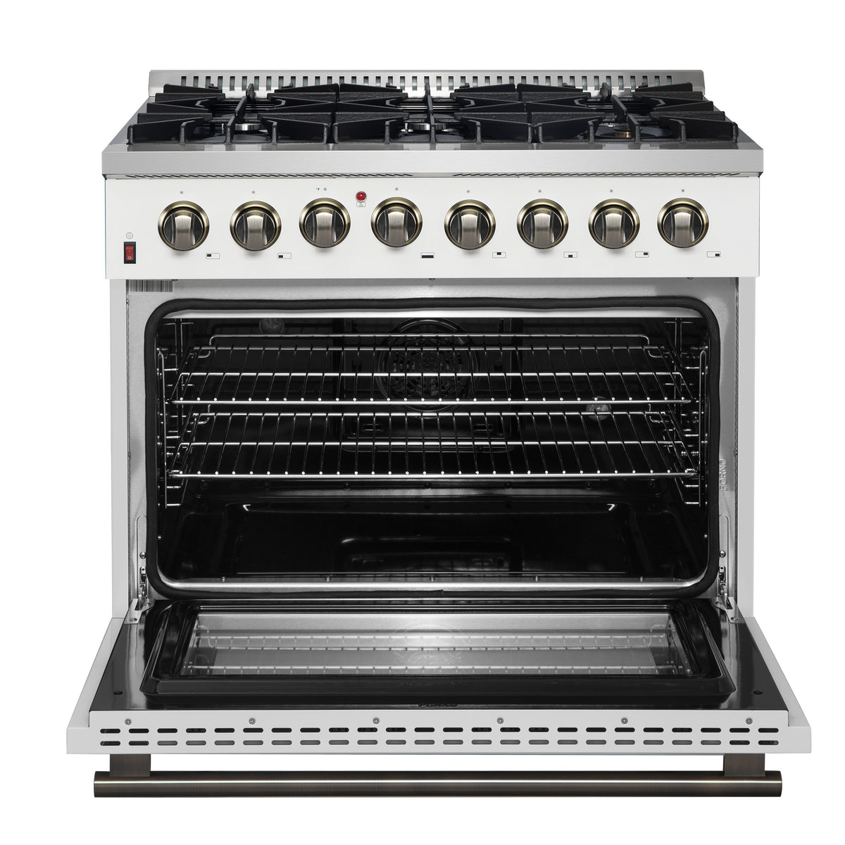 Forno Galiano 36" Dual Fuel Range in White & Antique Brass Design, 6 Sealed Burners 83,000 BTU