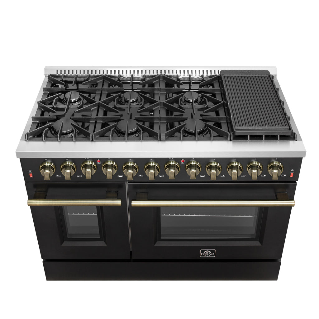 Forno Galiano 48" Dual Fuel Range Black & Antique Brass Design with 8 Sealed Burners 107,000 BTU