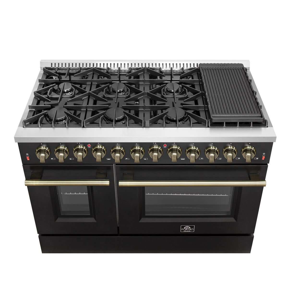 Forno Galiano 48" Dual Fuel Range Black & Antique Brass Design with 8 Sealed Burners 107,000 BTU