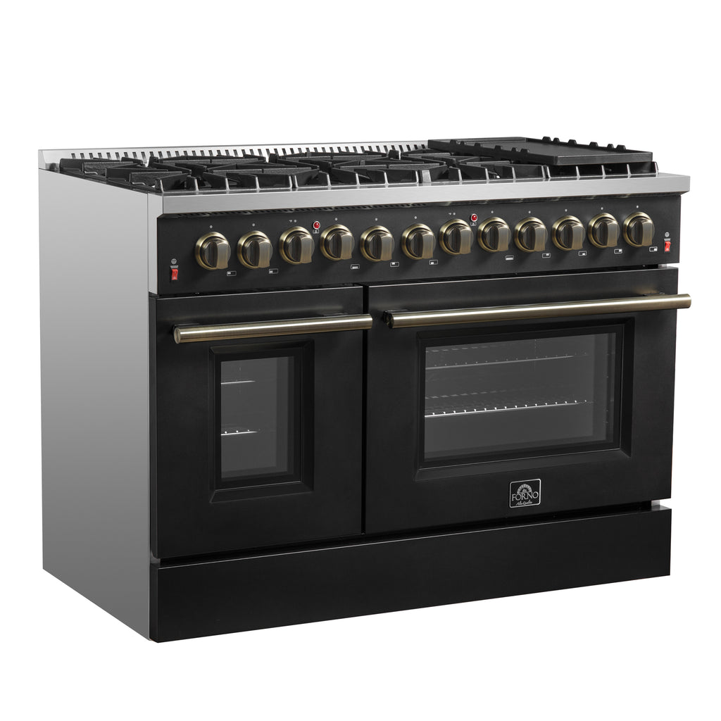 Forno Galiano 48" Dual Fuel Range Black & Antique Brass Design with 8 Sealed Burners 107,000 BTU