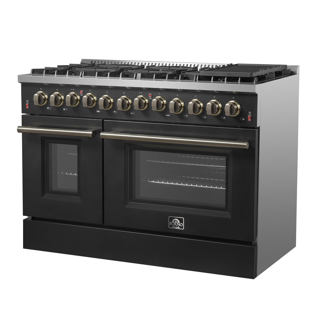 Forno Galiano 48" Dual Fuel Range Black & Antique Brass Design with 8 Sealed Burners 107,000 BTU