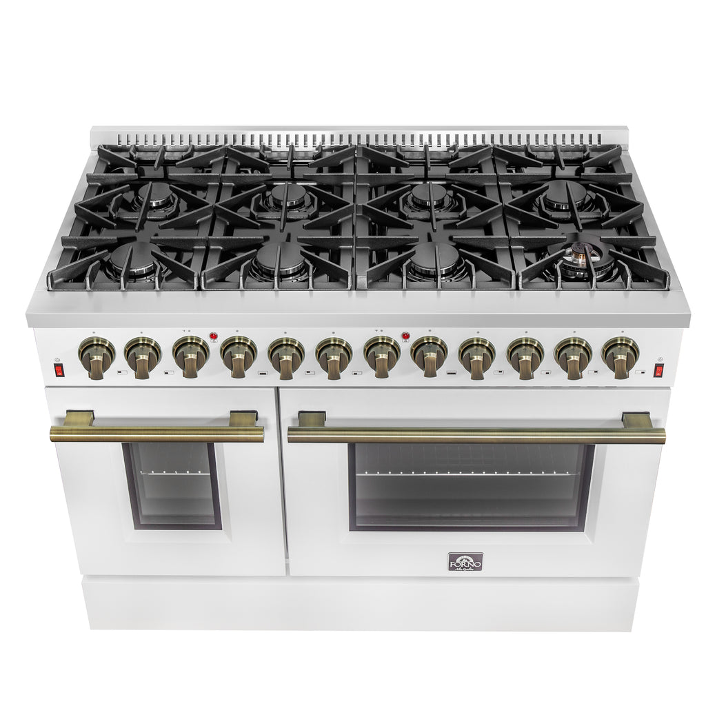 Forno Galiano 48" Dual Fuel Range White & Antique Brass Design with 8 Sealed Burners 107,000 BTU