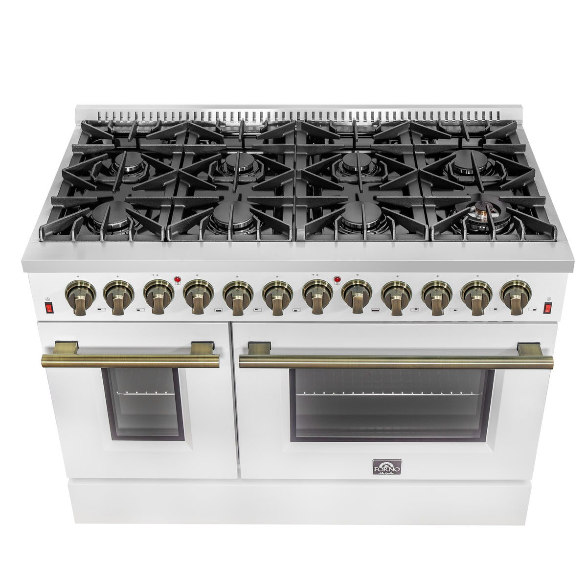 Forno Galiano 48" Dual Fuel Range White & Antique Brass Design with 8 Sealed Burners 107,000 BTU
