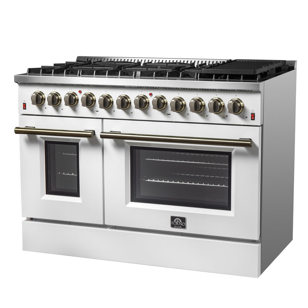 Forno Galiano 48" Dual Fuel Range White & Antique Brass Design with 8 Sealed Burners 107,000 BTU