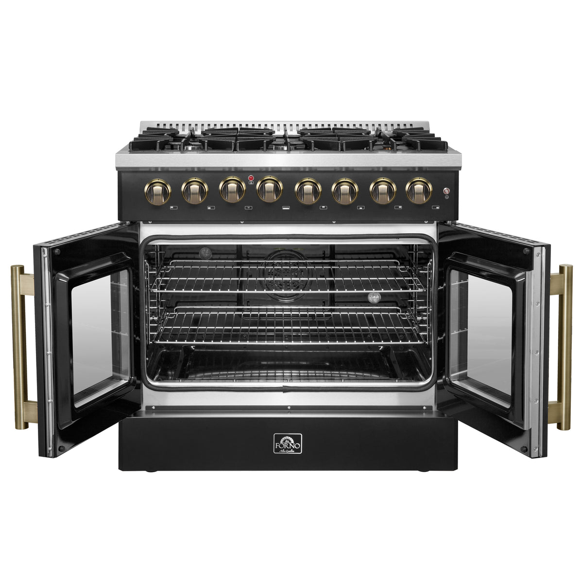 Forno Galiano 36" French Door Dual Fuel Range in Black & Antique Brass Design, 6 Sealed Burners 83,000 BTU