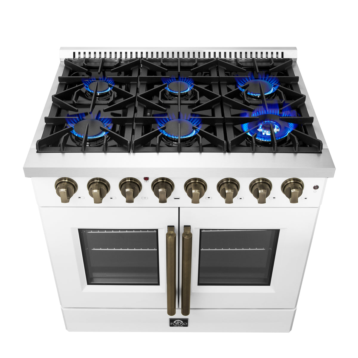 Forno Galiano 36" French Door Dual Fuel Range in White & Antique Brass Design, 6 Sealed Burners 83,000 BTU