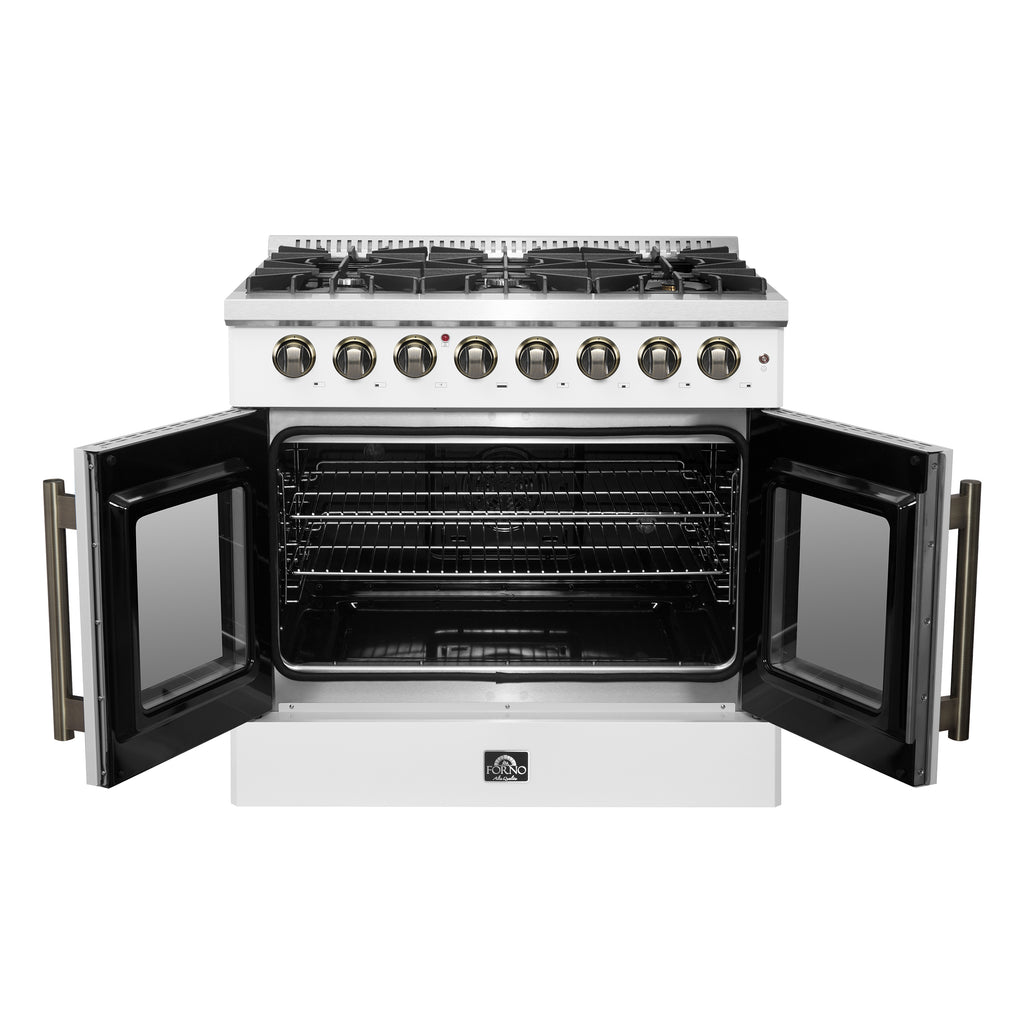 Forno Galiano 36" French Door Dual Fuel Range in White & Antique Brass Design, 6 Sealed Burners 83,000 BTU