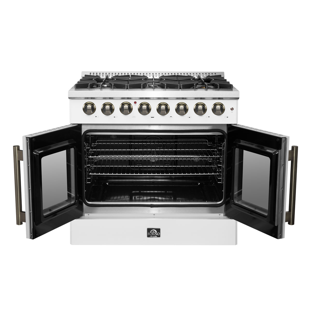 Forno Galiano 36" French Door Dual Fuel Range in White & Antique Brass Design, 6 Sealed Burners 83,000 BTU