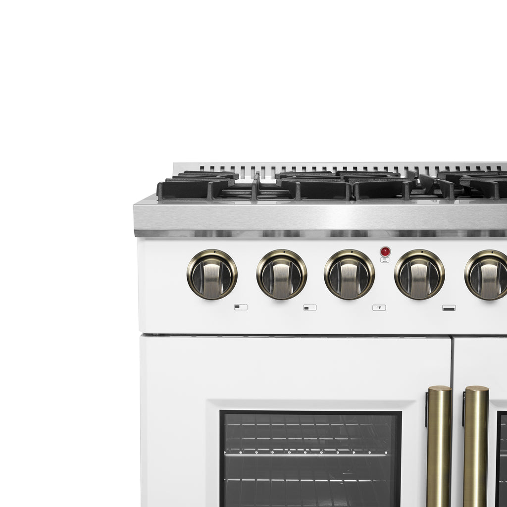 Forno Galiano 36" French Door Dual Fuel Range in White & Antique Brass Design, 6 Sealed Burners 83,000 BTU
