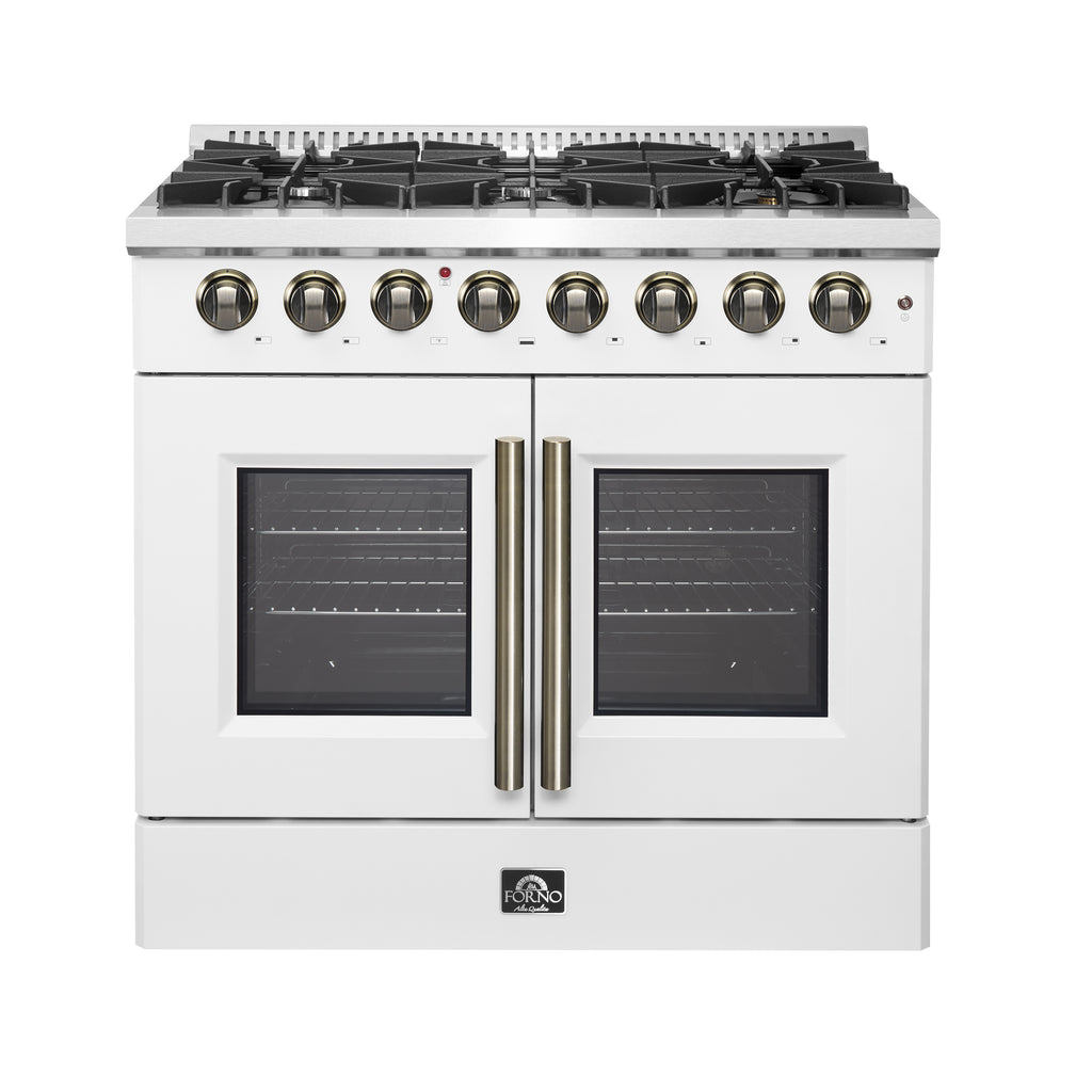 Forno Galiano 36" French Door Dual Fuel Range in White & Antique Brass Design, 6 Sealed Burners 83,000 BTU