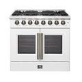 Forno Galiano 36" French Door Dual Fuel Range in White & Antique Brass Design, 6 Sealed Burners 83,000 BTU