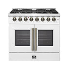 Forno Galiano 36" French Door Dual Fuel Range in White & Antique Brass Design, 6 Sealed Burners 83,000 BTU