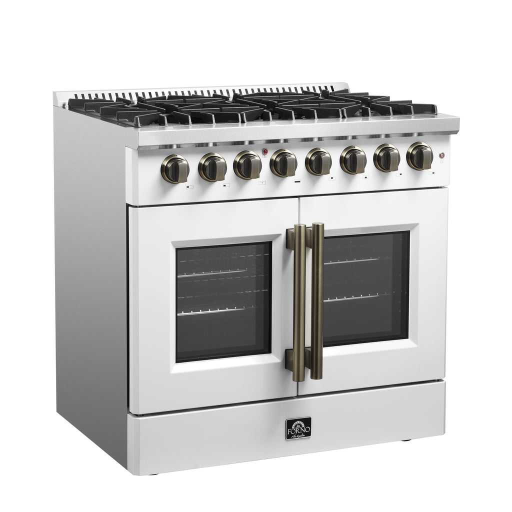 Forno Galiano 36" French Door Dual Fuel Range in White & Antique Brass Design, 6 Sealed Burners 83,000 BTU