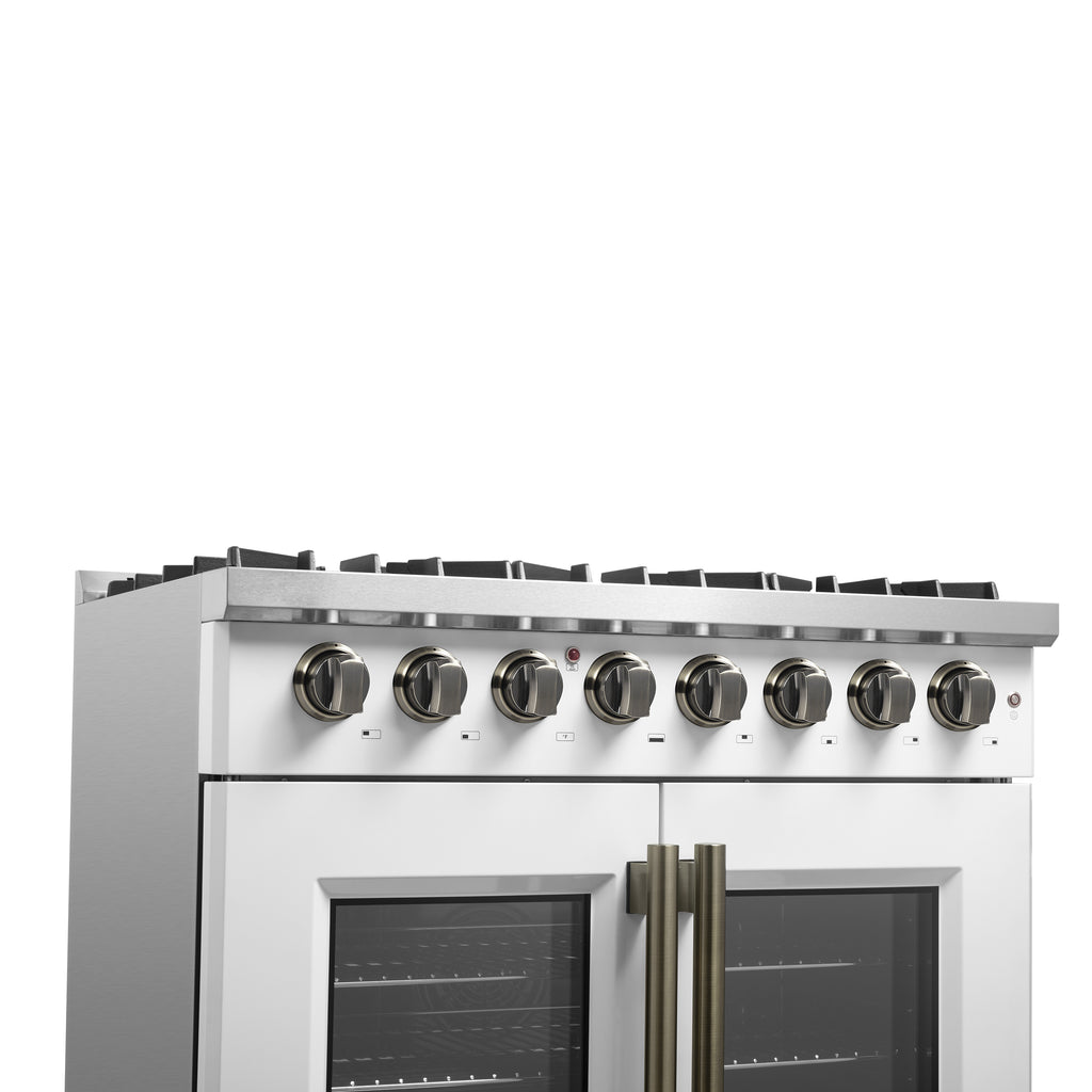 Forno Galiano 36" French Door Dual Fuel Range in White & Antique Brass Design, 6 Sealed Burners 83,000 BTU