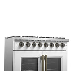 Forno Galiano 36" French Door Dual Fuel Range in White & Antique Brass Design, 6 Sealed Burners 83,000 BTU