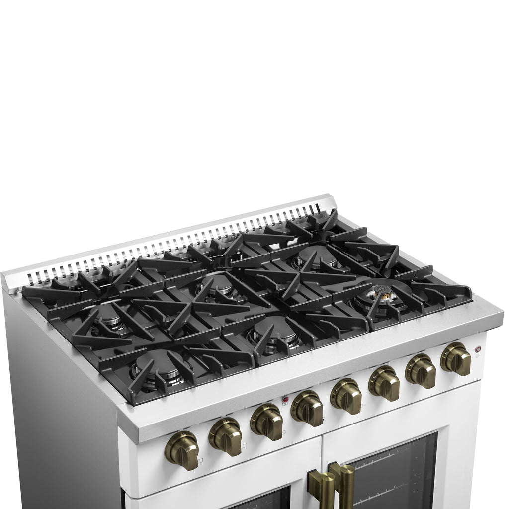 Forno Galiano 36" French Door Dual Fuel Range in White & Antique Brass Design, 6 Sealed Burners 83,000 BTU