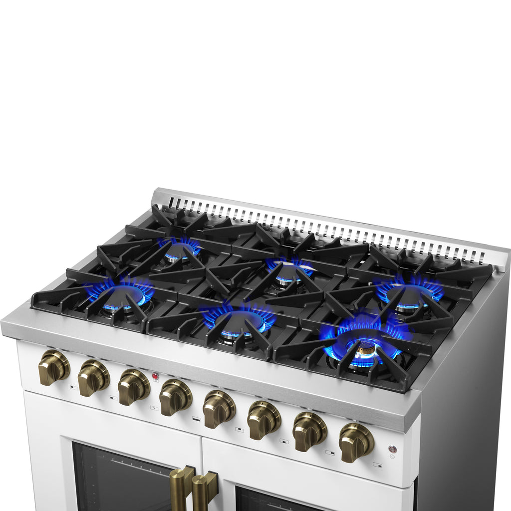 Forno Galiano 36" French Door Dual Fuel Range in White & Antique Brass Design, 6 Sealed Burners 83,000 BTU