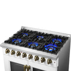 Forno Galiano 36" French Door Dual Fuel Range in White & Antique Brass Design, 6 Sealed Burners 83,000 BTU
