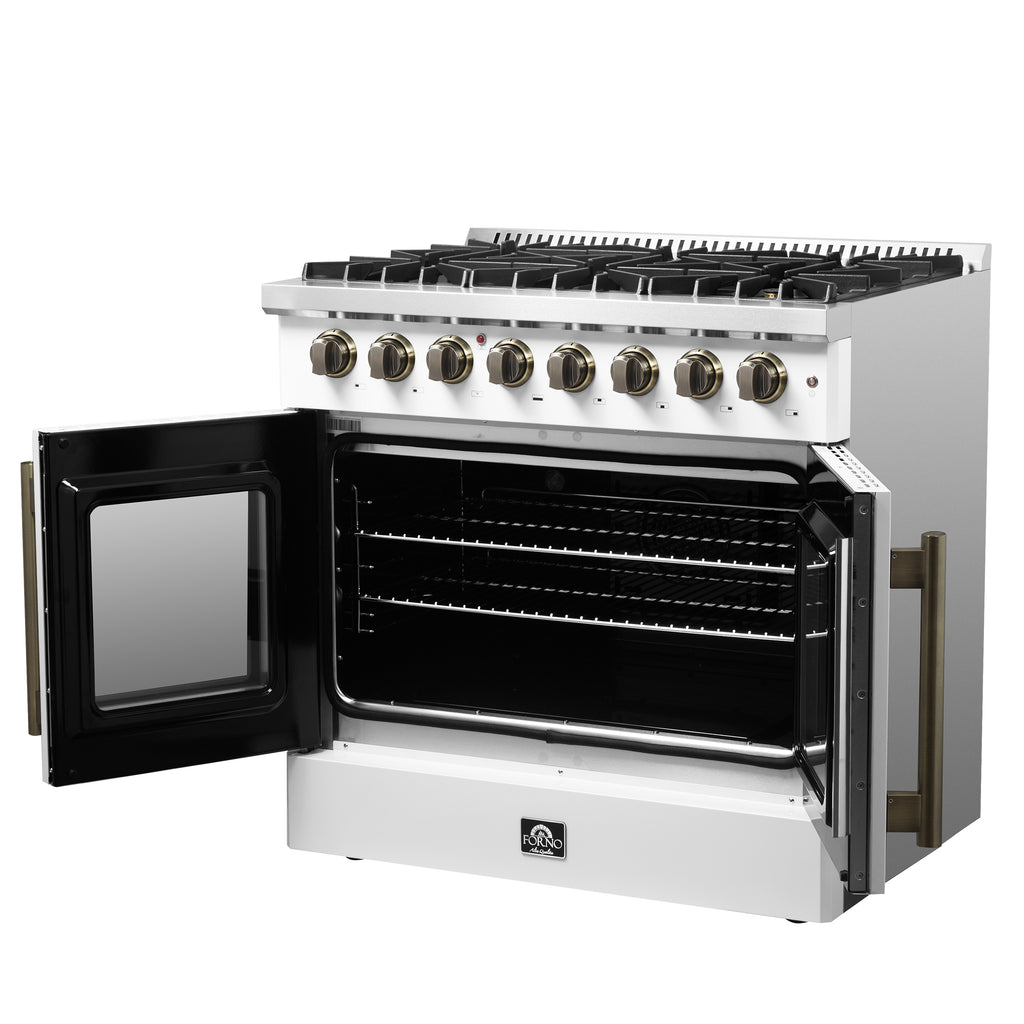 Forno Galiano 36" French Door Dual Fuel Range in White & Antique Brass Design, 6 Sealed Burners 83,000 BTU