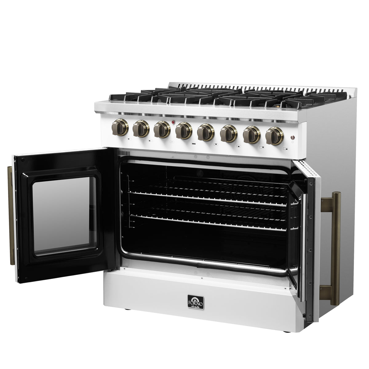 Forno Galiano 36" French Door Dual Fuel Range in White & Antique Brass Design, 6 Sealed Burners 83,000 BTU
