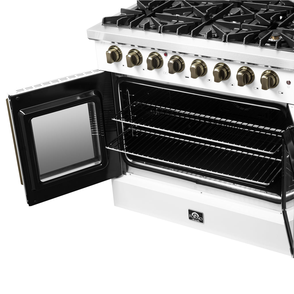 Forno Galiano 36" French Door Dual Fuel Range in White & Antique Brass Design, 6 Sealed Burners 83,000 BTU