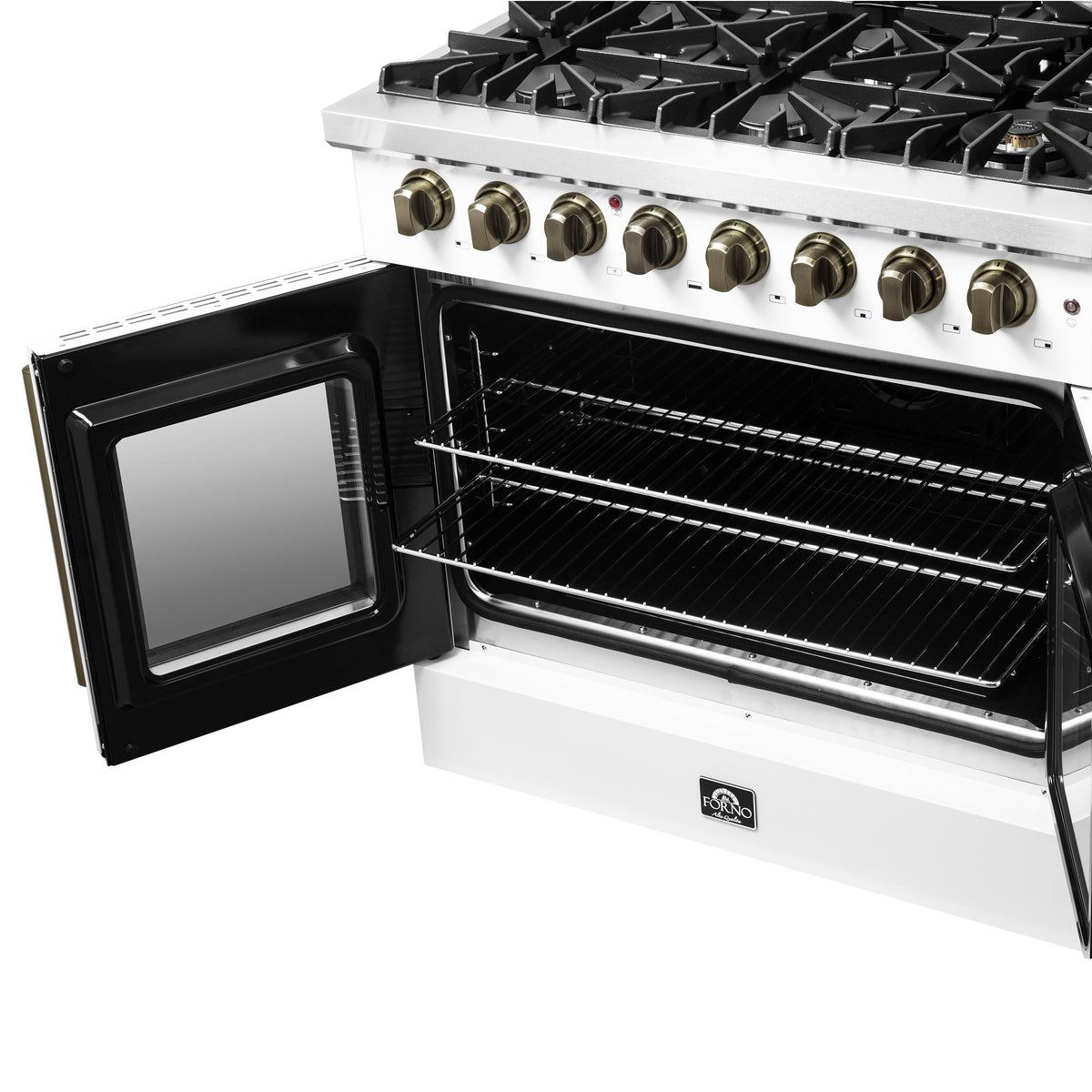 Forno Galiano 36" French Door Dual Fuel Range in White & Antique Brass Design, 6 Sealed Burners 83,000 BTU