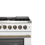 Forno Galiano 48" Dual Fuel Range, White & Antique Brass Design, 8 Sealed Burners - 107,000 BTU, Griddle