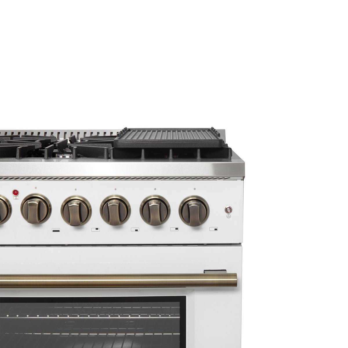 Forno Galiano 48" Dual Fuel Range, White & Antique Brass Design, 8 Sealed Burners - 107,000 BTU, Griddle