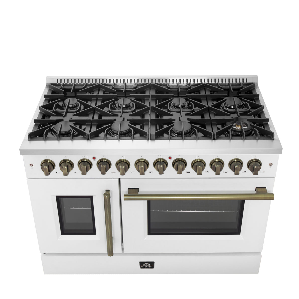 Forno Galiano 48" Dual Fuel Range, White & Antique Brass Design, 8 Sealed Burners - 107,000 BTU, Griddle