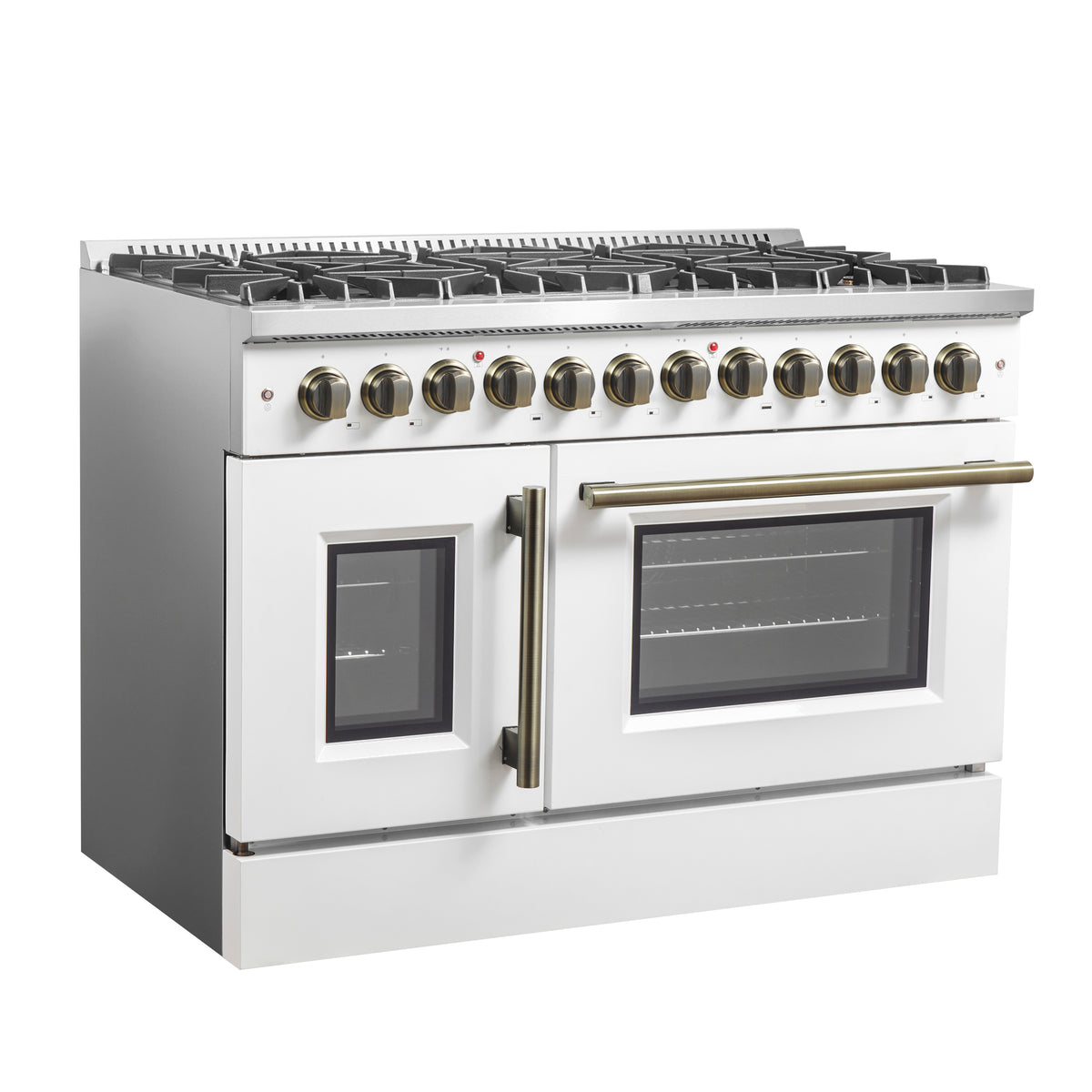 Forno Galiano 48" Dual Fuel Range, White & Antique Brass Design, 8 Sealed Burners - 107,000 BTU, Griddle