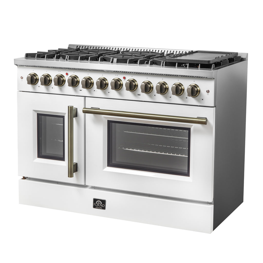 Forno Galiano 48" Dual Fuel Range, White & Antique Brass Design, 8 Sealed Burners - 107,000 BTU, Griddle