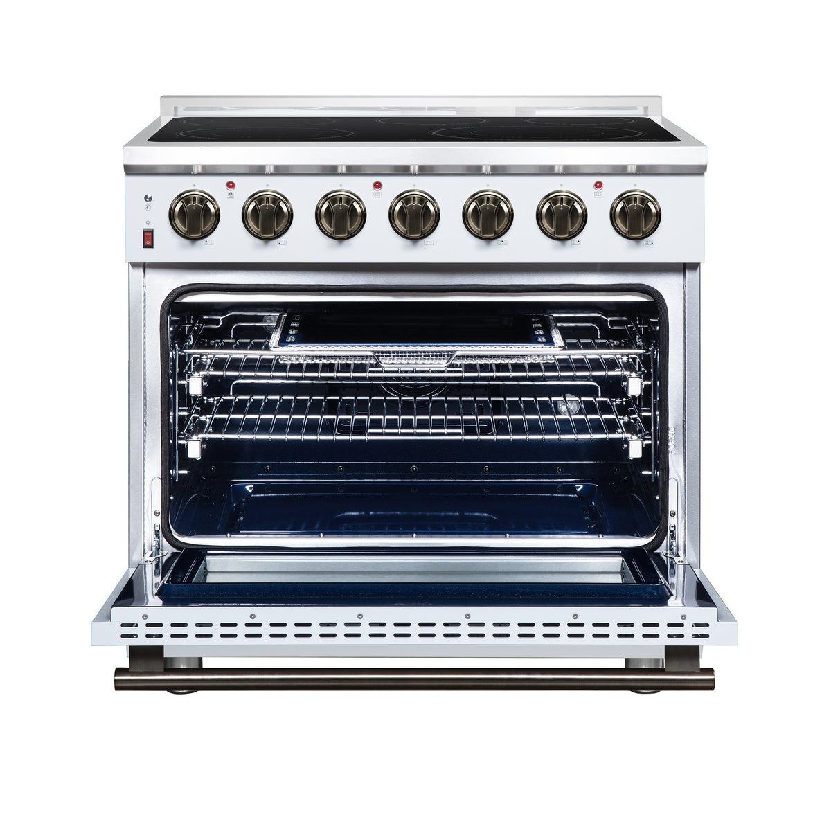 Forno Massimo 36" Freestanding Electric range, 5 radiant burners, 5.36 cf. True Convection oven, Air fryer kit