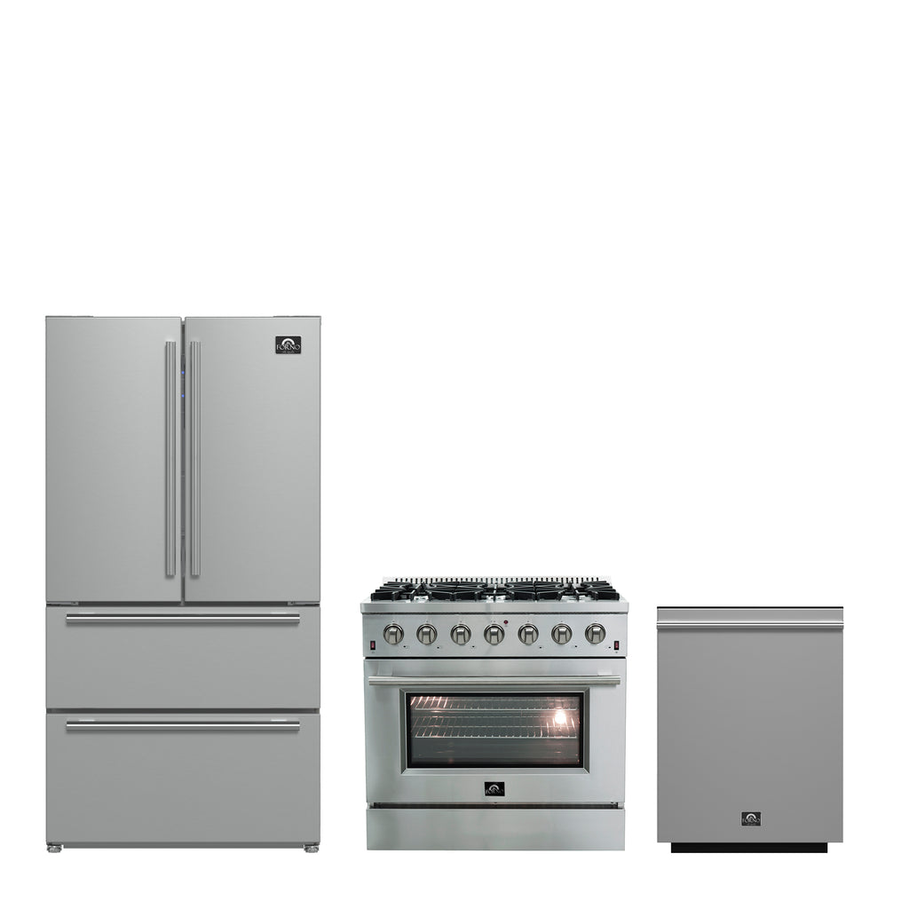 Forno Premium 3-Piece Kitchen Bundle - Galiano 36" Gas Range, 36" French Door Refrigerator
