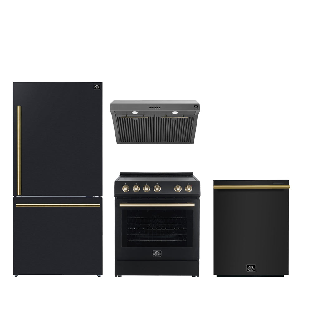 Forno Premium 4-Piece Kitchen Bundle - Leonardo Espresso 30" Black Range, 30" Black Range Hood