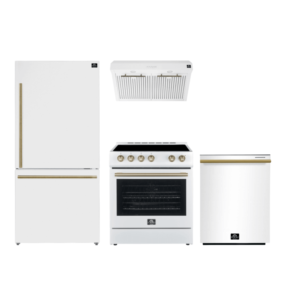 Forno Premium 4-Piece Kitchen Bundle - Leonardo Espresso 30" White Range, 30" White Range Hood